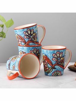 VarEesha - Hand Painted Floral Blue Ceramic Mugs Set of Four
