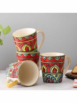 VarEesha - Hand Painted Red Green Ceramic Mugs Set of Four