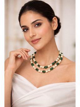 EVAARAZ - Emerald Green and White Freshwater Pearl Double Layer Necklace
