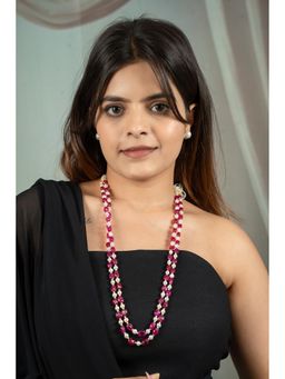 EVAARAZ - Ruby Red Beads and Freshwater Pearl Necklace
