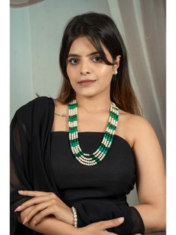 EVAARAZ - Green Beads and White Pearl Multi-Strand Necklace
