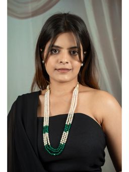 EVAARAZ - Green Beads and White Pearl Layered Necklace