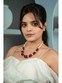 EVAARAZ - Freshwater Pearl Necklace with Ruby Red Carved Beads