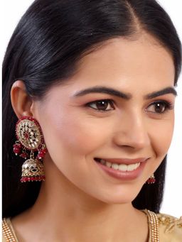 Accessher - Gold Plated Statement Jhumka Earrings Studded Handcut Mirrors Maroon Beads