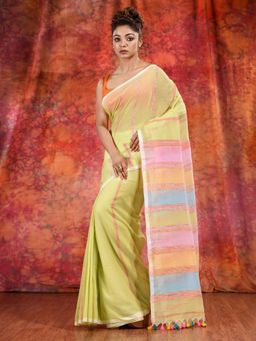 CHARUKRITI - Lime Green Cotton Khesh Soft Handwoven Saree and Unstitched Blouse