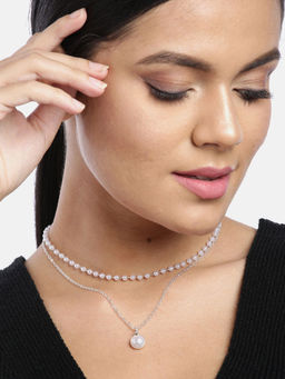 Jewels Galaxy - Pearl Silver Plated Double Layer Necklace Jewellery