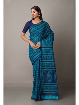 Unnati Silks - Green Navy Blue Pure Krisha Block Printed Cotton Saree with Unstitched Blouse