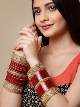 PANASH - Red & Gold-Plated AD Stone-Studded Matching Bangles Wedding Chuda (Set of 33) (2.6)