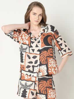 VERO MODA - Light Brown Printed Linen Shirt