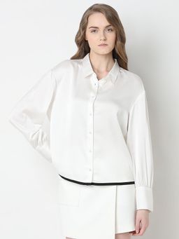 VERO MODA - White Solid Contrast Detail Shirt