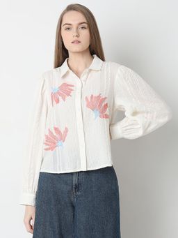 VERO MODA - White Floral Embroidered Cotton Shirt