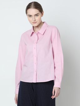 VERO MODA - Light Pink Solid Linen Full Sleeves Shirt