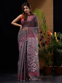 CHARUKRITI - Grey Handwoven Saree with Geometric Designs & Foliage Patterns