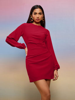 RSVP by Nykaa Fashion - Red Solid Round Neck Full Puff Sleeves Pleated Mini Dress