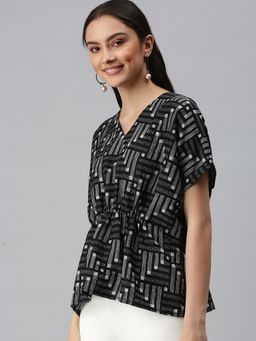 SHOWOFFFF - Women V-Neck Flare Sleeves Geometric Black Top