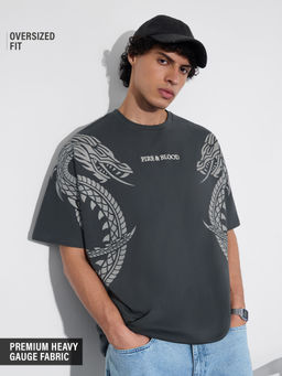 The Souled Store - Men Grey Pure Cotton Oversized Fit T-Shirt