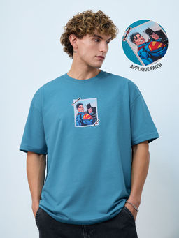 The Souled Store - Men Teal Pure Cotton Oversized Fit T-Shirt
