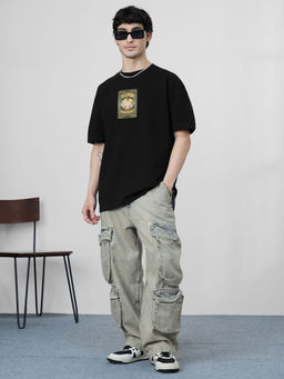 The Souled Store - Men Black Pure Cotton Oversized Fit T-Shirt