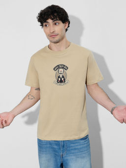 The Souled Store - Men Beige Pure Cotton Relaxed Fit T-Shirt