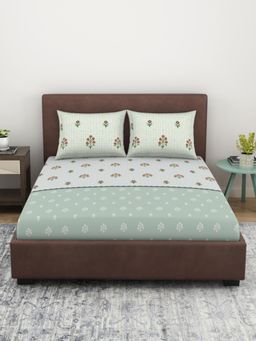Welspun - Pure Kot 100% Cotton 144 TC Floral Double Bedsheet with 2 Pillow Covers - Aqua