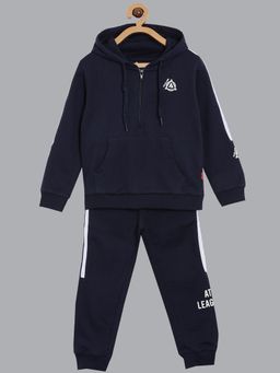 3PIN - Boys Navy Blue Cotton Solid Hoodie with Joggers (Set of 2)