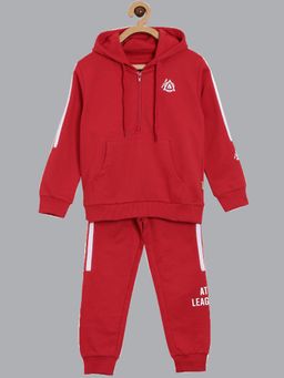 3PIN - Boys Red Cotton Solid Hoodie with Joggers (Set of 2)