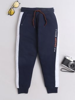 3PIN - Boys Navy Blue Cotton Typography Printed Joggers
