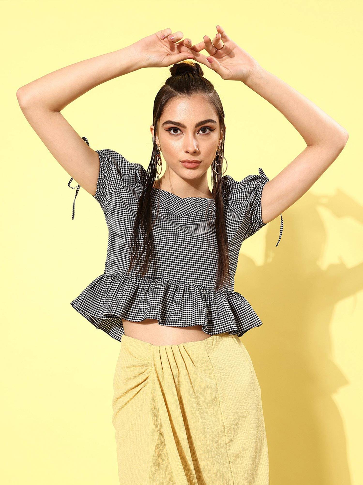Buy Rare Women Casual Black Check Colour Sweetheart Neck Checked