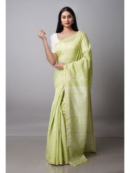 Unnati Silks - Light Green Pure Block Printed Chanderi Sico Saree with Unstitched Blouse