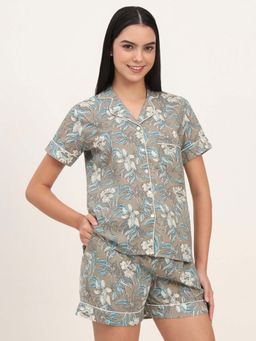 Divena - Grey Cotton Floral Printed Shirt With Shorts