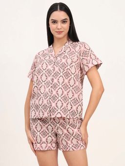 Divena - Pink Cotton Floral Printed Shirt With Shorts