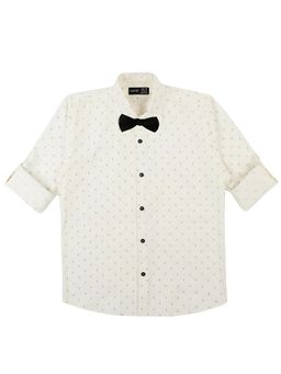 CAVIO - Boys Cream Cotton Regula Fit Printed Full Sleeves Casual Shirt and Bow