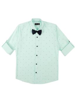 CAVIO - Boys Green Cotton Regula Fit Printed Full Sleeves Casual Shirt and Bow