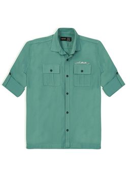 CAVIO - Boys Green Cotton Regula Fit Plain Full Sleeves Casual Shirt