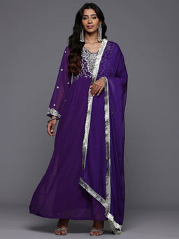 Varanga - Women Purple Zari Embroidered Anarkali Kurta with Dupatta (Set of 2)