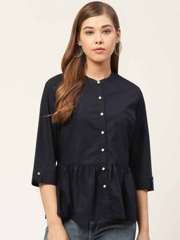 Xpose - Women Navy Blue Solid Shirt Style Pure Cotton Top