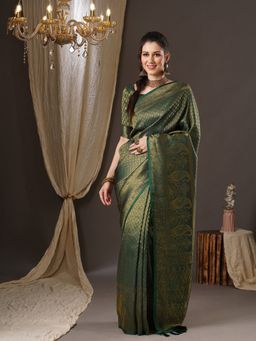 Akhilam - Womens Georgette Green Woven Design Saree with Unstitched Blouse