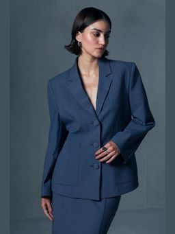 Qua - Blue Polyester Solid Single-Breasted Blazer
