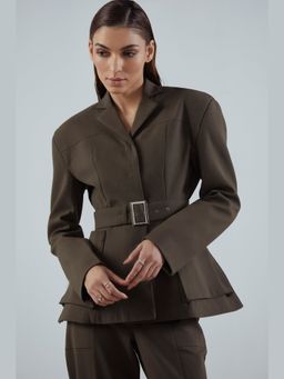 Qua - Khaki Polyester Solid Single-Breasted Blazer