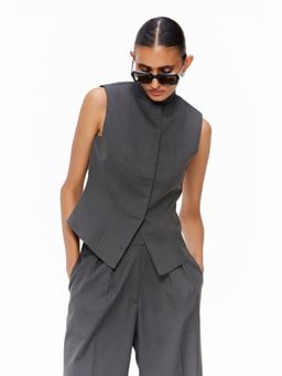 Qua - Grey Polyester Solid Single-Breasted Waist Coat