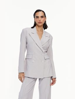 Qua - Grey Polyester Solid Double-Breasted Blazer