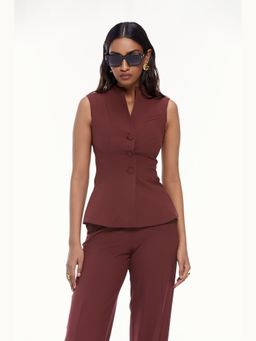 Qua - Burgundy Polyester Solid Single-Breasted Waist Coat