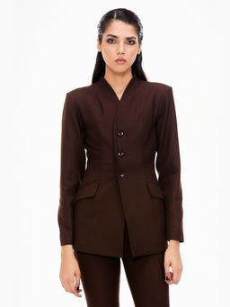 Qua - Brown Lycra Solid Single-Breasted Blazer