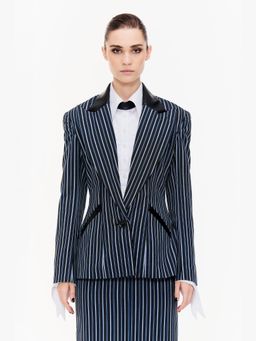 Qua - Blue Polyester Stripes Single-Breasted Blazer
