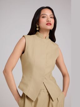 Qua - Beige Polyester Solid Single-Breasted Waist Coat