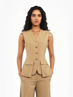 Qua - Khaki Polyester Solid Single-Breasted Waist Coat