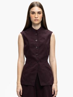 Qua - Burgundy Cotton Solid Single-Breasted Waist Coat