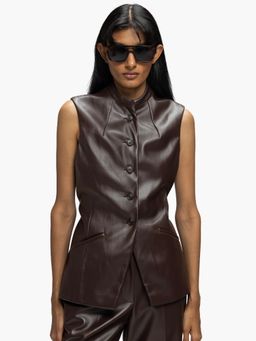 Qua - Brown Faux Leather Solid Single-Breasted Waist Coat