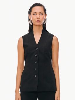 Qua - Black Polyester Solid Single-Breasted Waist Coat