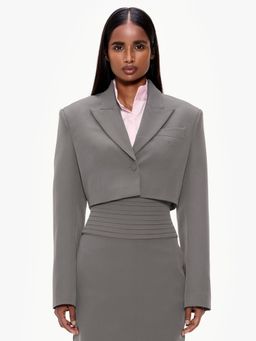 Qua - Grey Polyester Solid Crop Single-Breasted Blazer